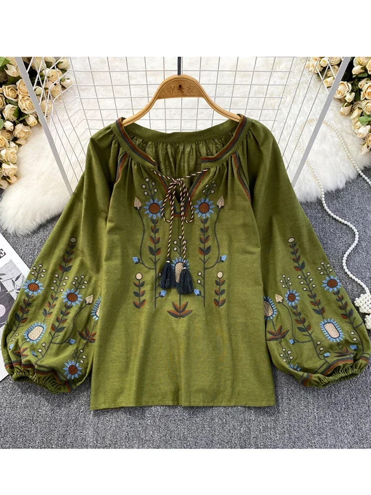 Embroidery Cotton Shirt - Damska wiosenna bluzka w stylu etnicznym