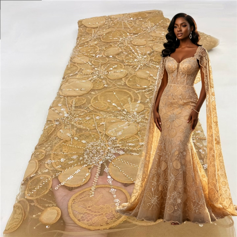 Embroidery Yellow Dress - Luksusowa afrykańska koronka z haftem i