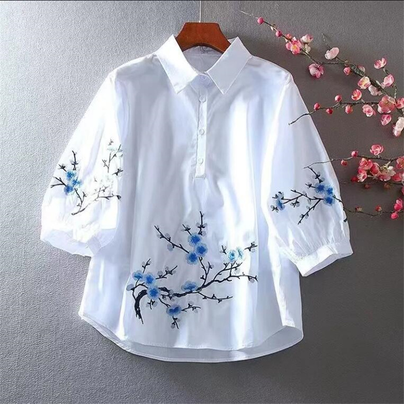 Embroidery Cotton Shirt - Biała koszula wyszywana damska bluzka czysta